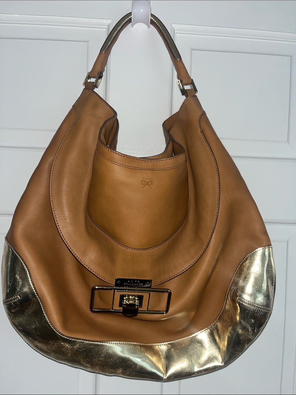 Anya Hindmarch Tan Leather Large Hobo Bag with Gold Accent